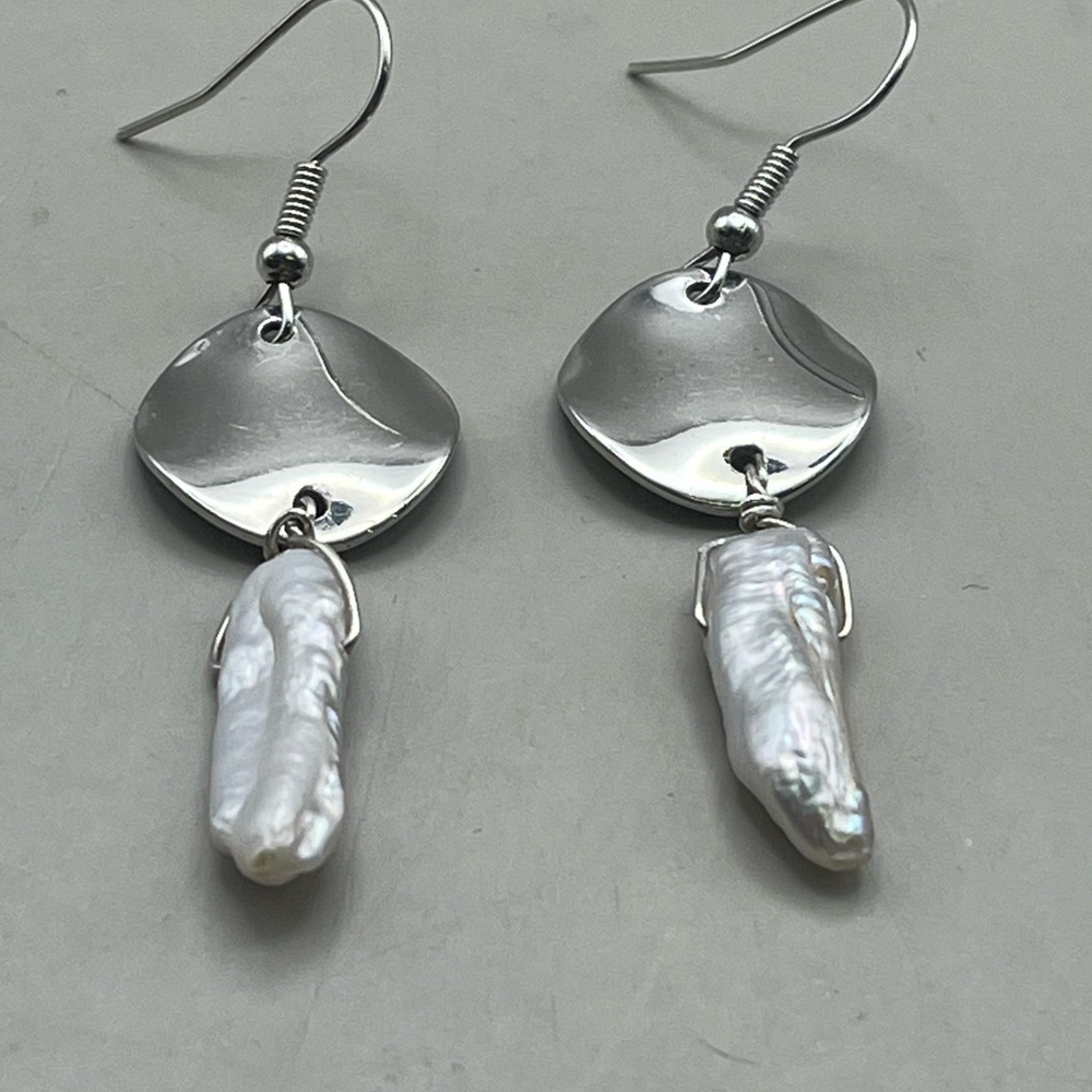 Artisan Modern Silver and Iridescent Stick Pearl Earrings - Statement Glamour